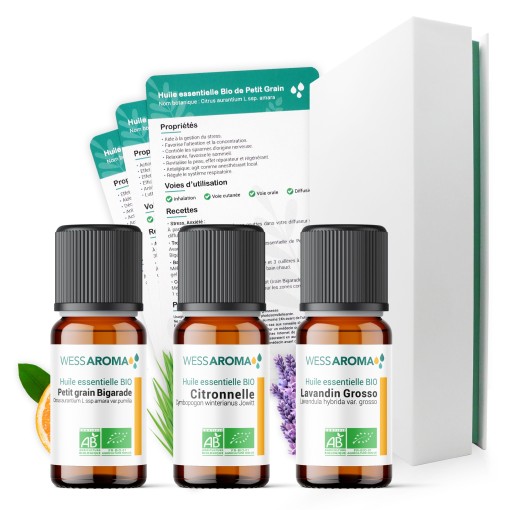 Coffret Diffusion, les huiles essentielles Bio pour diffuseur avec 3 Fiches d'utilisation