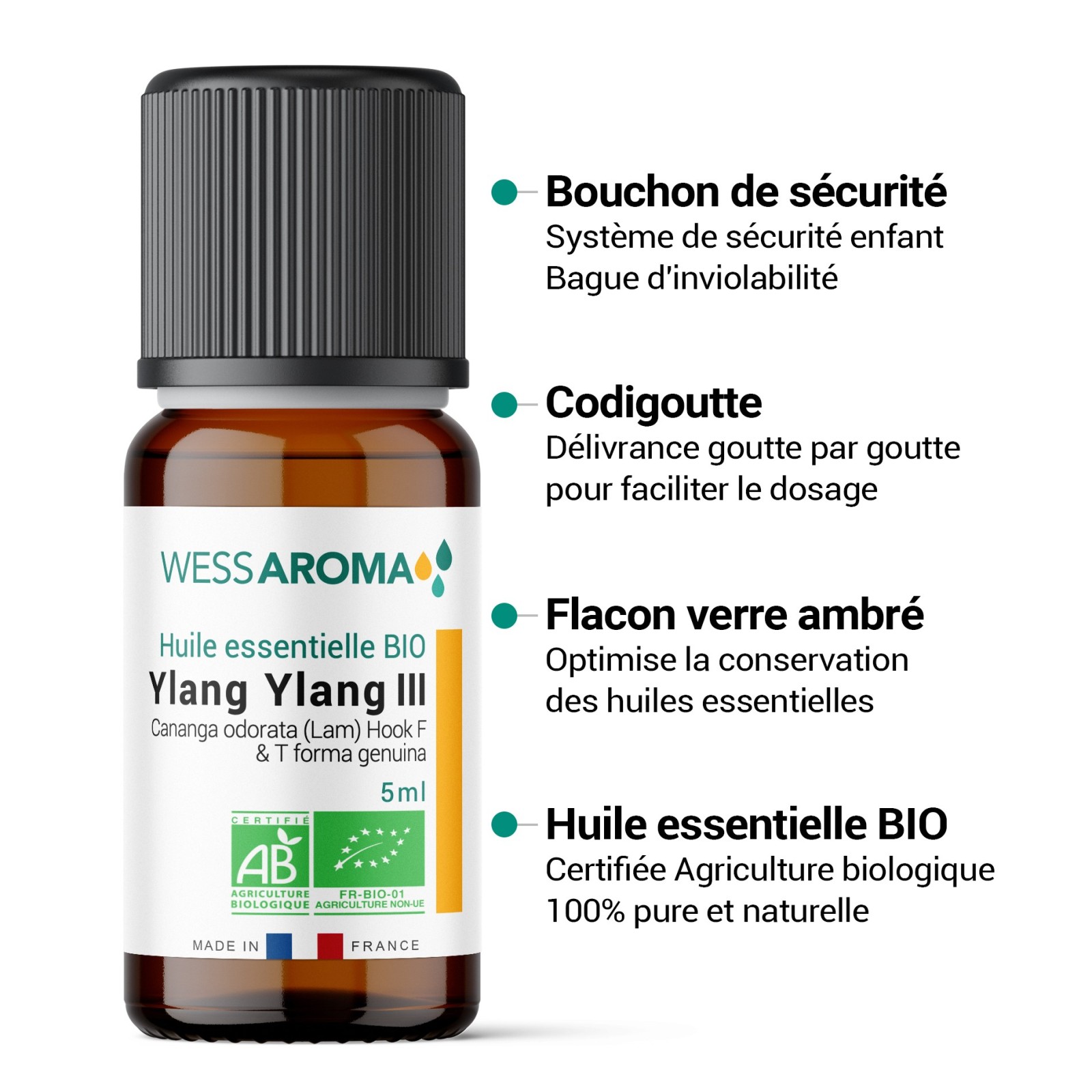 Huile essentielle Bio d'Ylang Ylang III, Certifiée AB