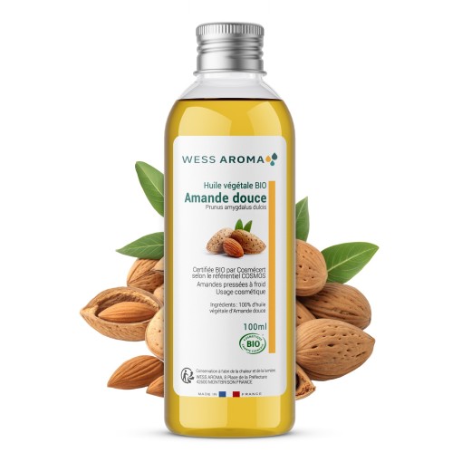 Huile végétale Bio d'Amande douce, hydrate et adoucit la peau