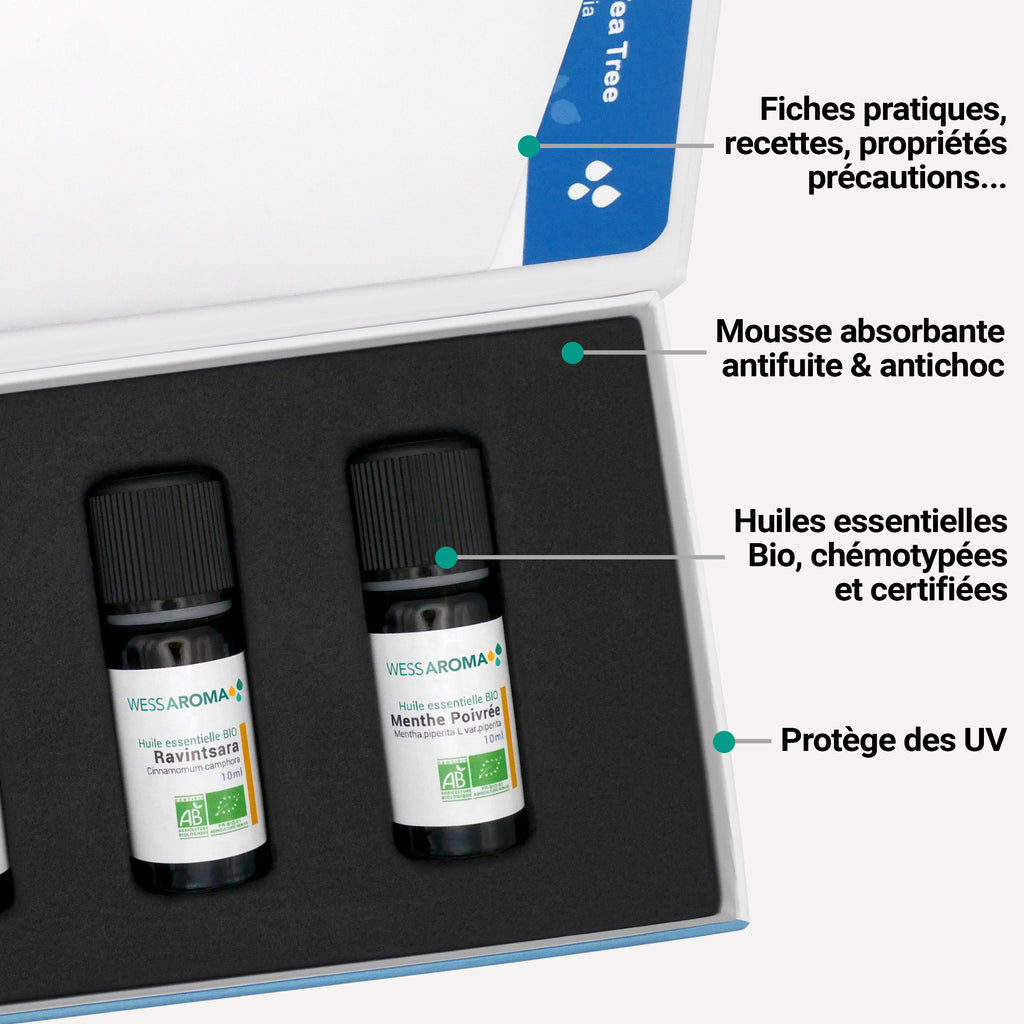 Coffret Les indispensables, 3 huiles essentielles Bio + Fiches d'utilisation